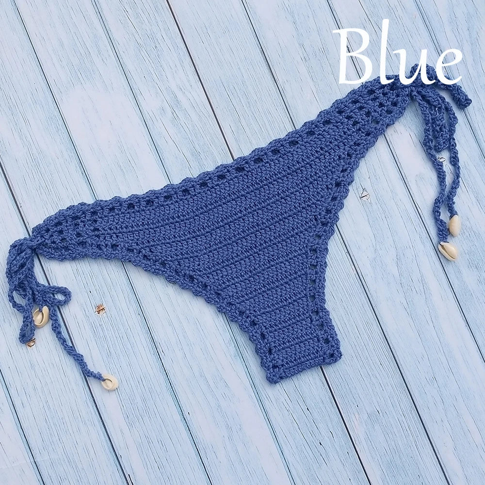 Women's Sport Sexy Bikini Thong Handmade Crochet Swimwear Bikini Bottom Hollow-out Low Waist Bathing Suit Bottoms