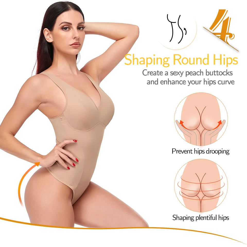 Shapewear Bodysuit Thong Shaper for Women Waist Trainer Body Shaper Deep V Neck Slimming Underwear Built-in Bra Camisoles Tops