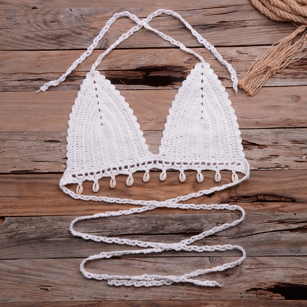 Knitted Bra Top Bikini Set Womens Swimsuit Handemade Crochet Bikini Cover Up Tassel Beach Long Wrap Skirt Sarong Immadman 7004