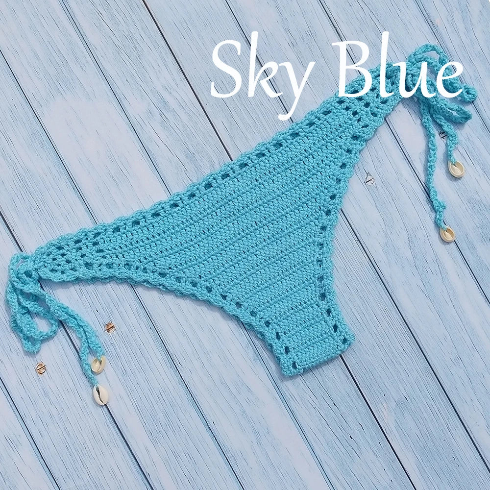 Women's Sport Sexy Bikini Thong Handmade Crochet Swimwear Bikini Bottom Hollow-out Low Waist Bathing Suit Bottoms