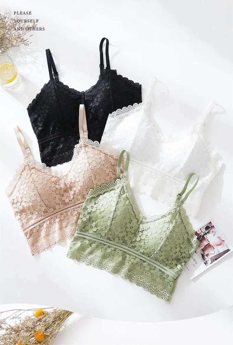 Wireless Embroidery Lace Bra Ice Silk Sling Women Underwear Sexy And Beautiful Back Tops Removable Chest Pad Brassiere