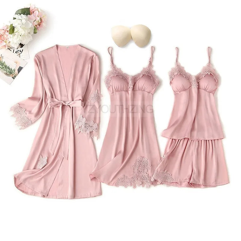 Pajama Set Women Lace Trim Satin Sleepwear Pyjamas Pour Femme Summer Nightwear With Pants Casual Home Wear Kimono Robe Gown PJS