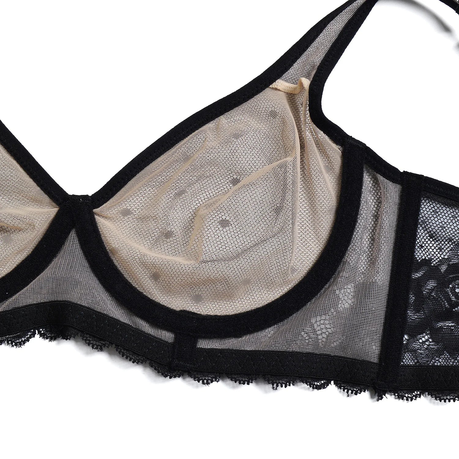 YBCG Nude Bra Unlined Hollow Mesh Lace Lingerie Full Coverage Underwire Bras for Women Plus Size Bralette See Through Underwear