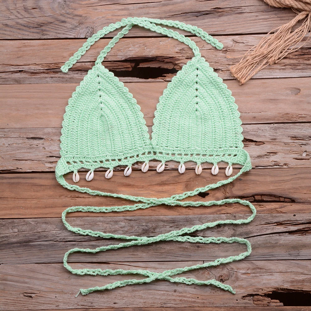 Knitted Bra Top Bikini Set Womens Swimsuit Handemade Crochet Bikini Cover Up Tassel Beach Long Wrap Skirt Sarong Immadman 7004