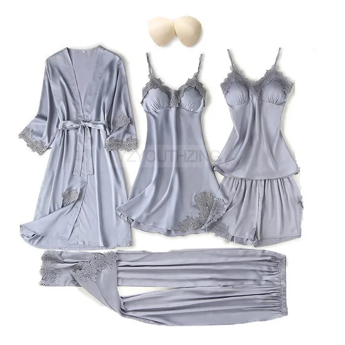Pajama Set Women Lace Trim Satin Sleepwear Pyjamas Pour Femme Summer Nightwear With Pants Casual Home Wear Kimono Robe Gown PJS