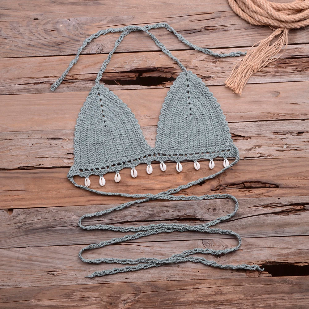 Knitted Bra Top Bikini Set Womens Swimsuit Handemade Crochet Bikini Cover Up Tassel Beach Long Wrap Skirt Sarong Immadman 7004