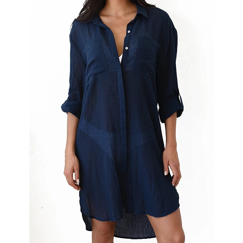 Sexy Beach Cover Up Women Bikini Pocket Swimsuit Cover Up Hollow Out T-shirt White Bathing Suit Cover-Ups Tunics Beachwear Robe