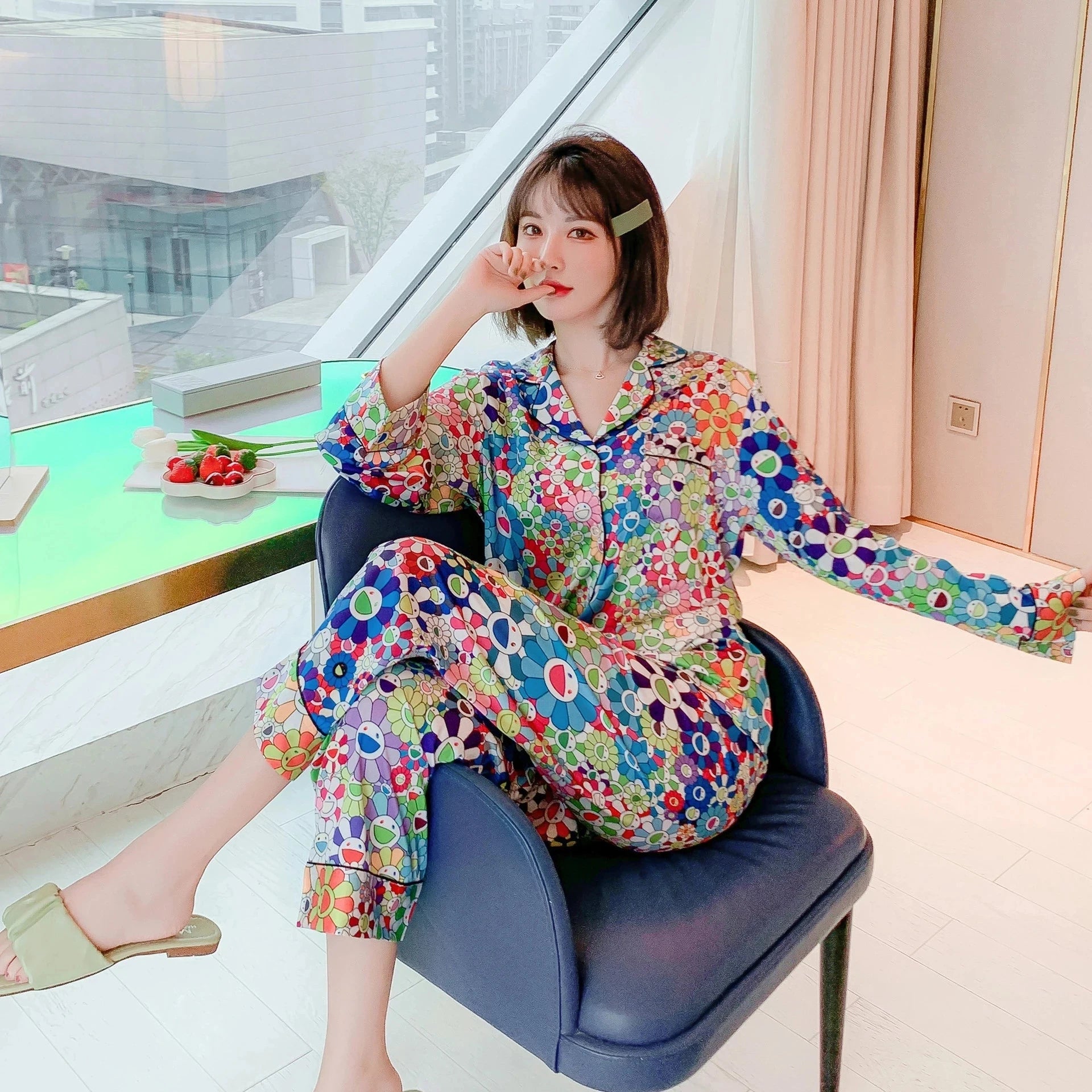 Satin Pajamas Set Spring Summer Home Suit with Pant Women's Print Pijama Suit Silk Pijama Set Sleepwear for Female Pyjamas