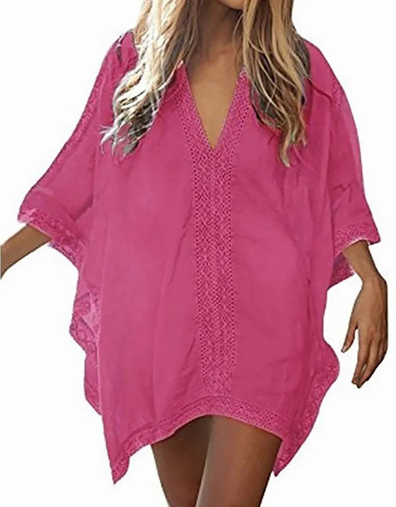Sexy Beach Cover Up Women Bikini Pocket Swimsuit Cover Up Hollow Out T-shirt White Bathing Suit Cover-Ups Tunics Beachwear Robe