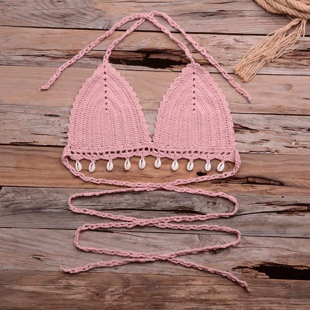 Knitted Bra Top Bikini Set Womens Swimsuit Handemade Crochet Bikini Cover Up Tassel Beach Long Wrap Skirt Sarong Immadman 7004