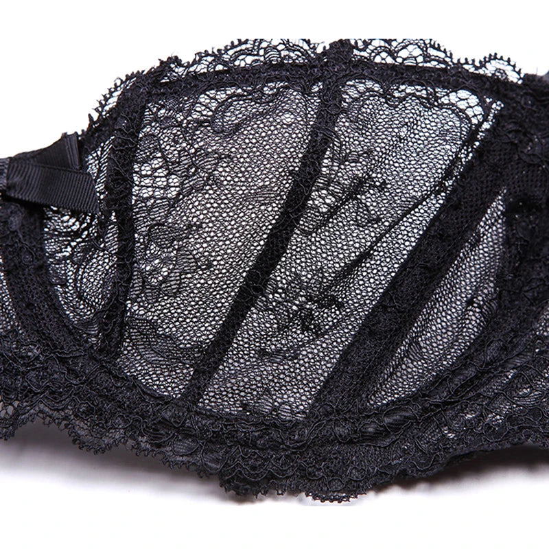 Varsbaby Women's Sexy Lace Transparent 1/2 Cup Lingerie Set Unlined Bras+Thongs Bra Set ABCD Cup