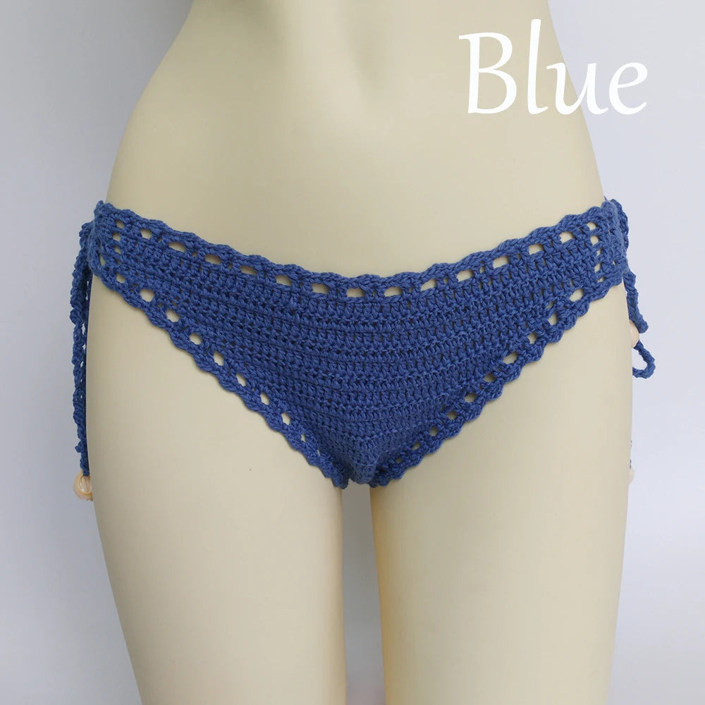 Women's Sport Sexy Bikini Thong Handmade Crochet Swimwear Bikini Bottom Hollow-out Low Waist Bathing Suit Bottoms