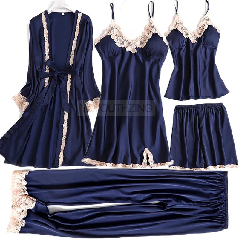Pajama Set Women Lace Trim Satin Sleepwear Pyjamas Pour Femme Summer Nightwear With Pants Casual Home Wear Kimono Robe Gown PJS