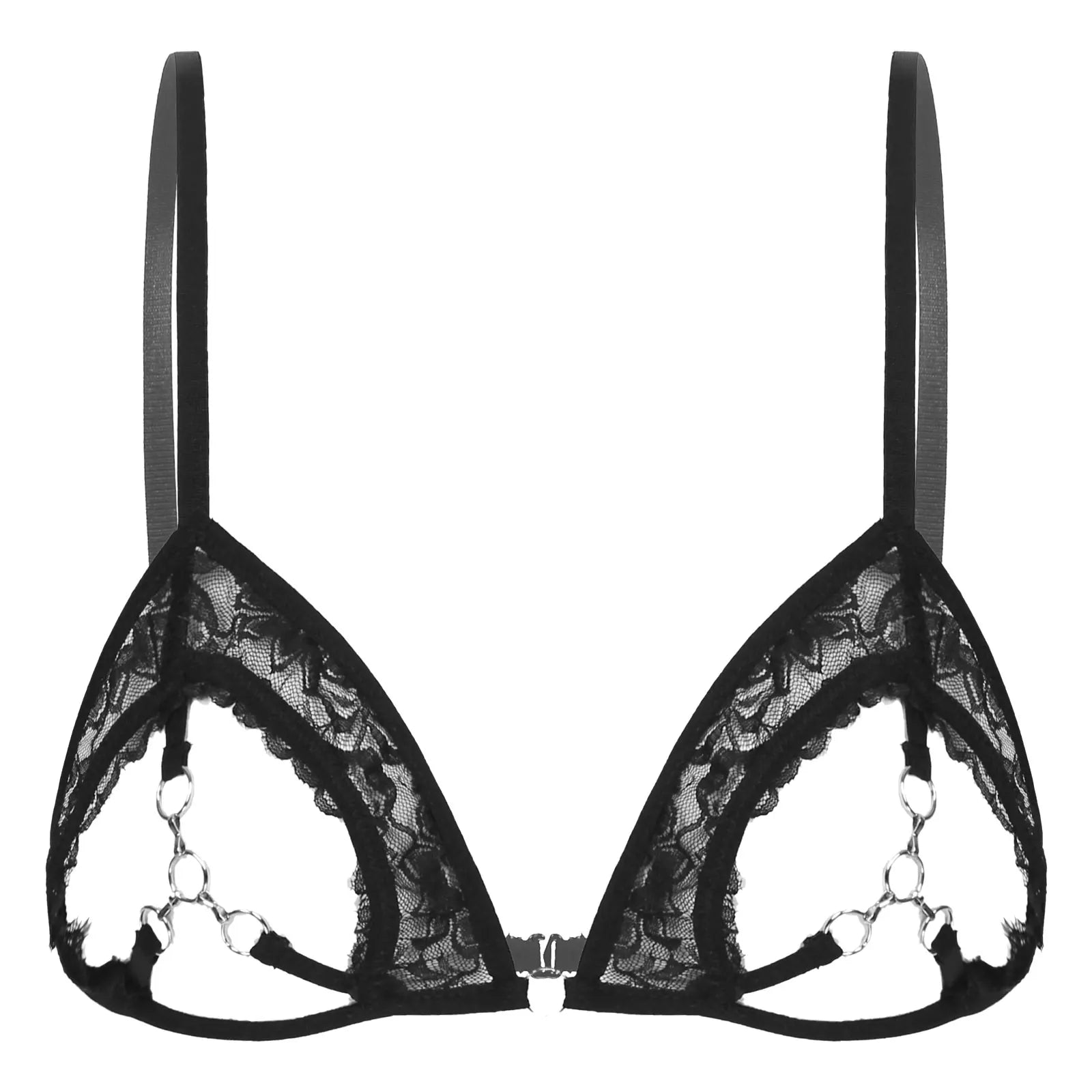 Women's Sexy See Through Sheer Lace Bras Lingerie Open Cups Bra Top Underwear Hollow Out Bra with Metal Rings Linked at Bust