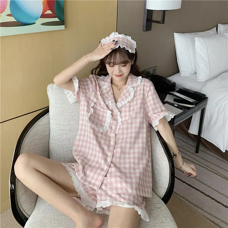 Pajama Sets Women Kawaii Plaids Students Popular Maiden Sweet Edible Tree Fungus Turn-down Collar Princess Homewear Sleep Shorts
