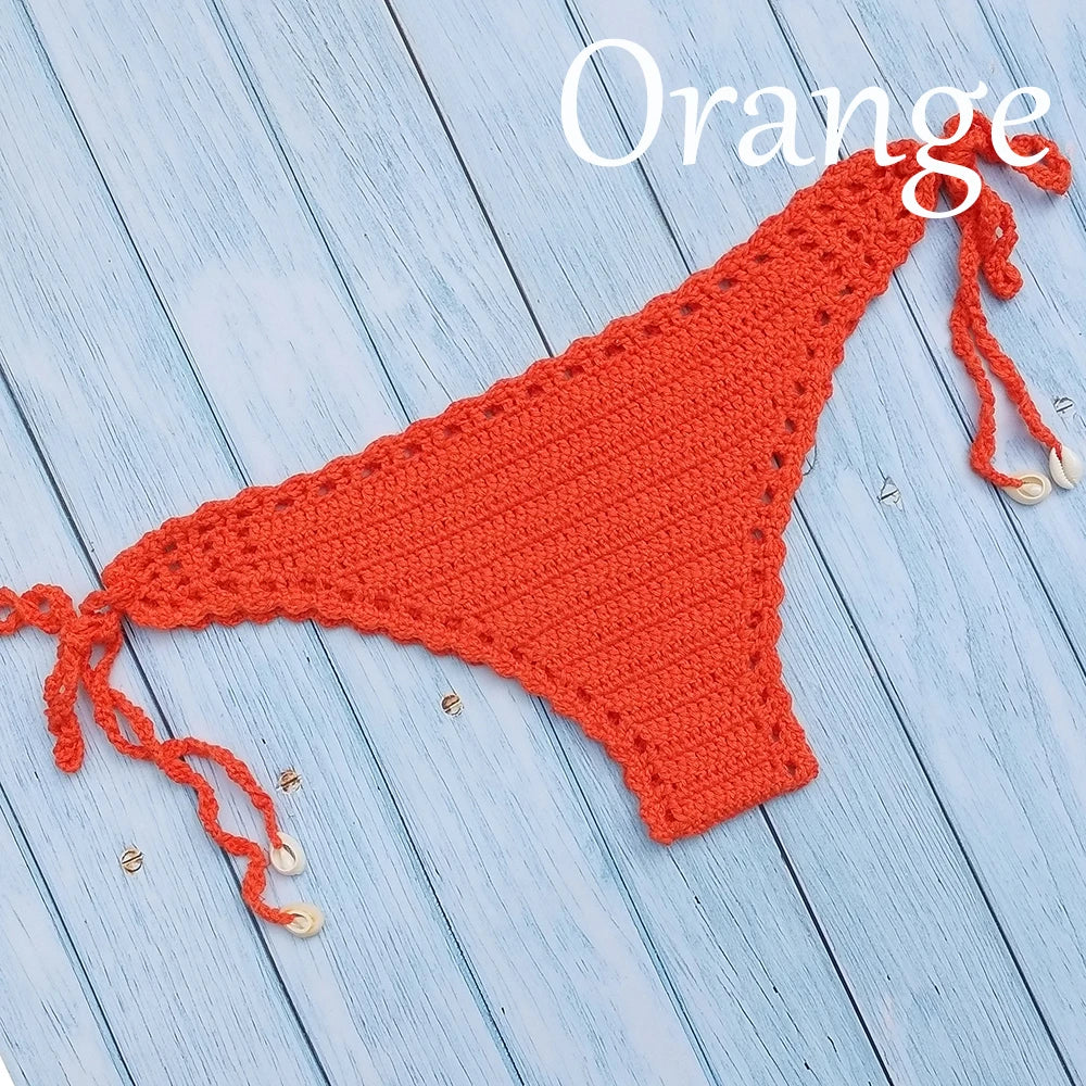 Women's Sport Sexy Bikini Thong Handmade Crochet Swimwear Bikini Bottom Hollow-out Low Waist Bathing Suit Bottoms