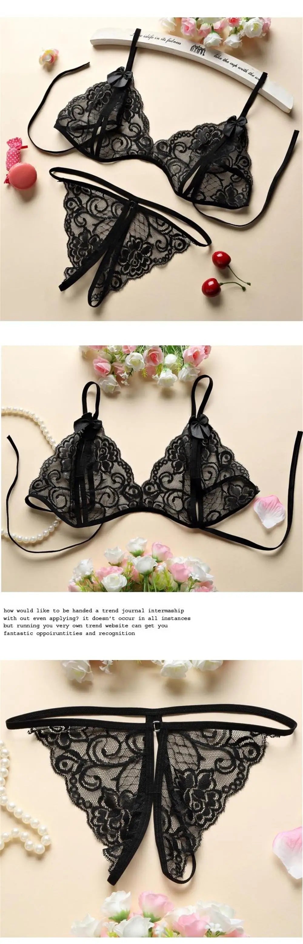 Sexy Lace Transparent Lingerie Set For Couple Sex Hanging Neck Bra Open Crotch Panties Erotic Underwear Lenceria Sensual Mujer