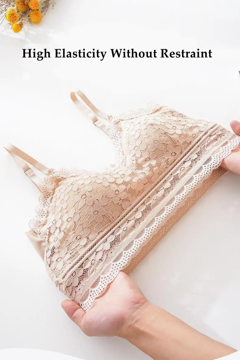 Wireless Embroidery Lace Bra Ice Silk Sling Women Underwear Sexy And Beautiful Back Tops Removable Chest Pad Brassiere