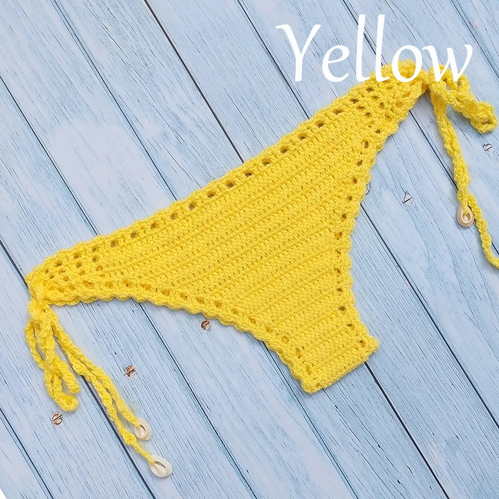 Women's Sport Sexy Bikini Thong Handmade Crochet Swimwear Bikini Bottom Hollow-out Low Waist Bathing Suit Bottoms