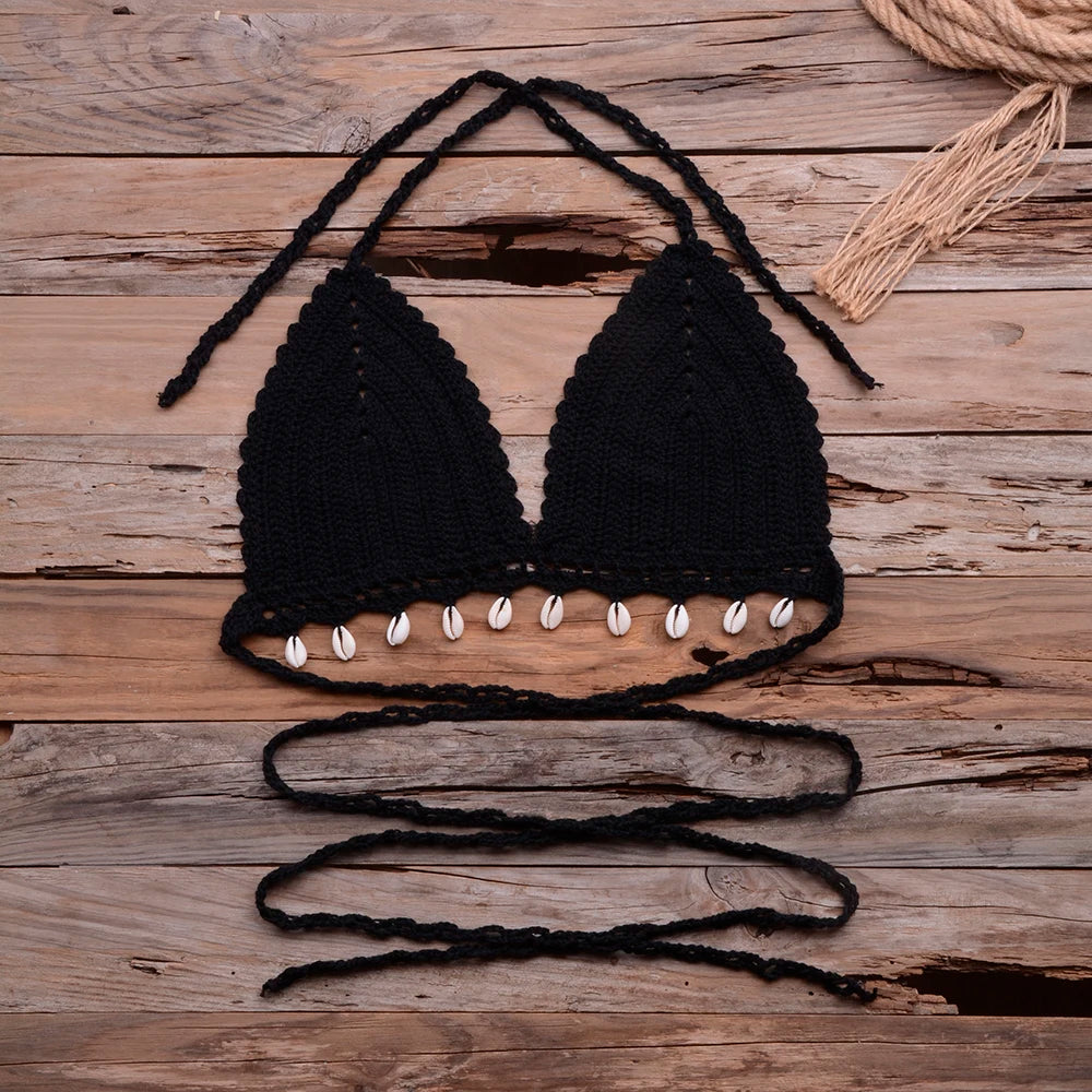 Knitted Bra Top Bikini Set Womens Swimsuit Handemade Crochet Bikini Cover Up Tassel Beach Long Wrap Skirt Sarong Immadman 7004