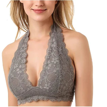 Sexy Floral Lace Halter Bra Bralette Wirefree Lace Bra Top Hook and Eye Closure Back Unpadded