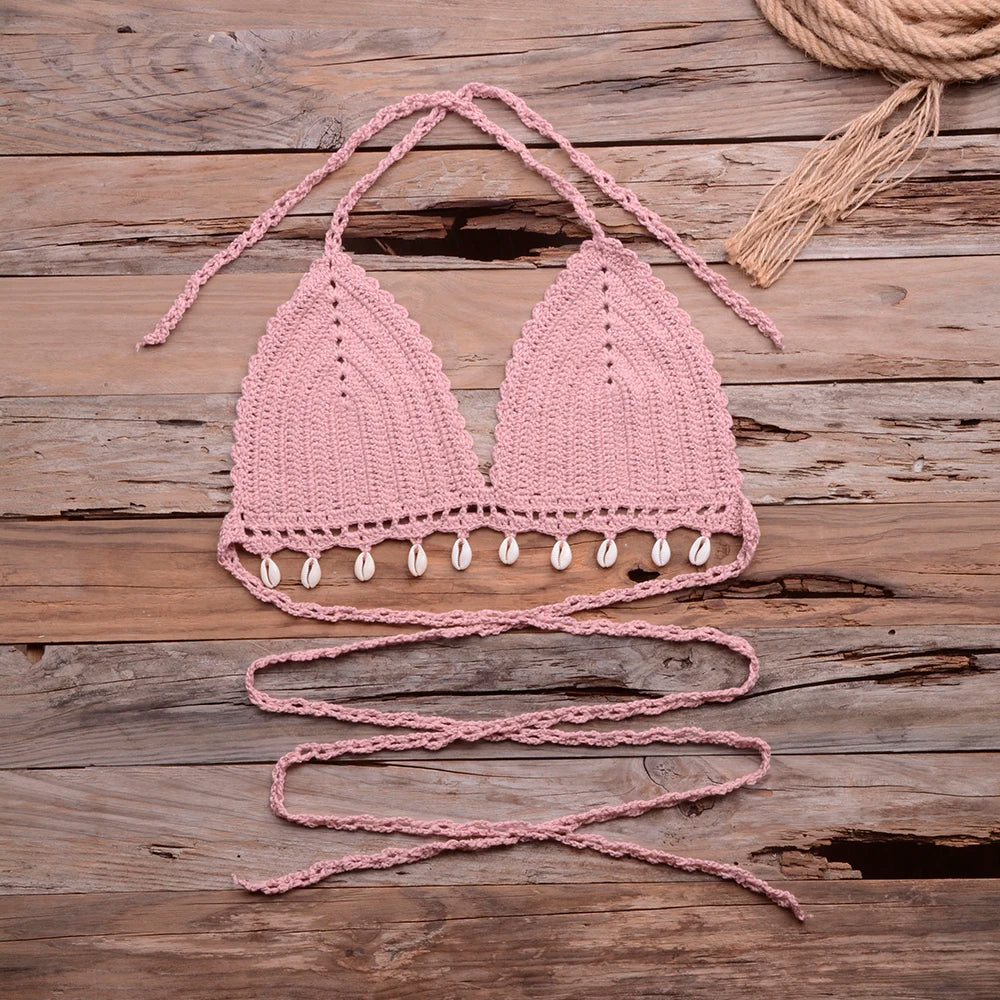 Knitted Bra Top Bikini Set Womens Swimsuit Handemade Crochet Bikini Cover Up Tassel Beach Long Wrap Skirt Sarong Immadman 7004