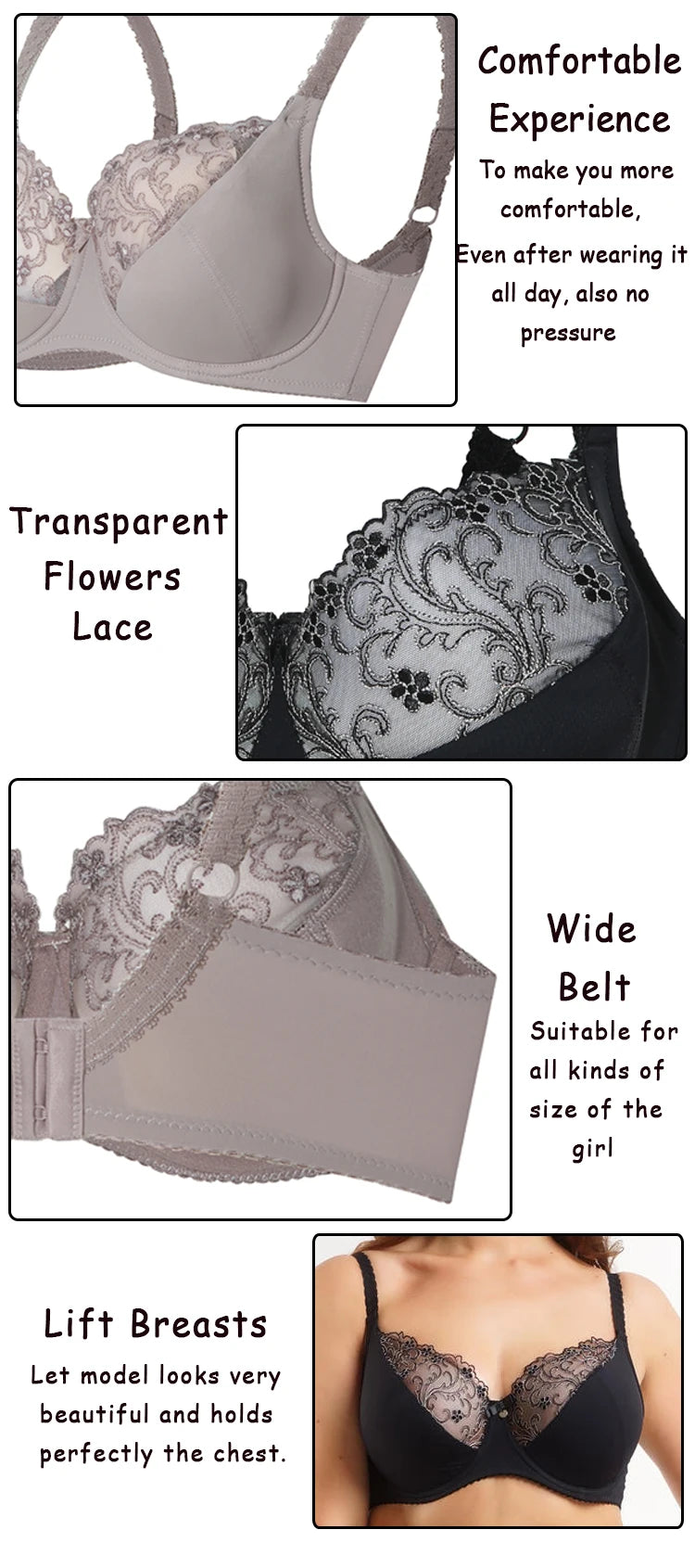 Push Up Bras for Women Sexy Elastic Comfortable Bralette Three Quarters(3/4 Cup) Lace High Quality Breathable Lingerie