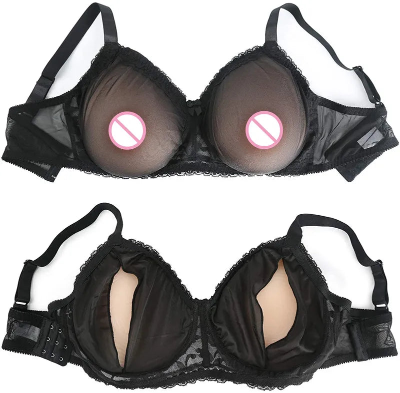 D-H Huge Cup See-Through Pocket Bra Shemale Drag Queen Crossdresser Mastectomy Bra for Silicone Breast Forms Fake Boobs