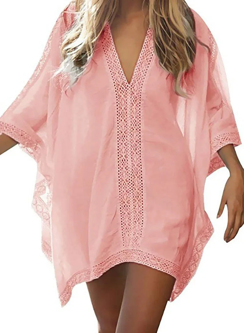Sexy Beach Cover Up Women Bikini Pocket Swimsuit Cover Up Hollow Out T-shirt White Bathing Suit Cover-Ups Tunics Beachwear Robe