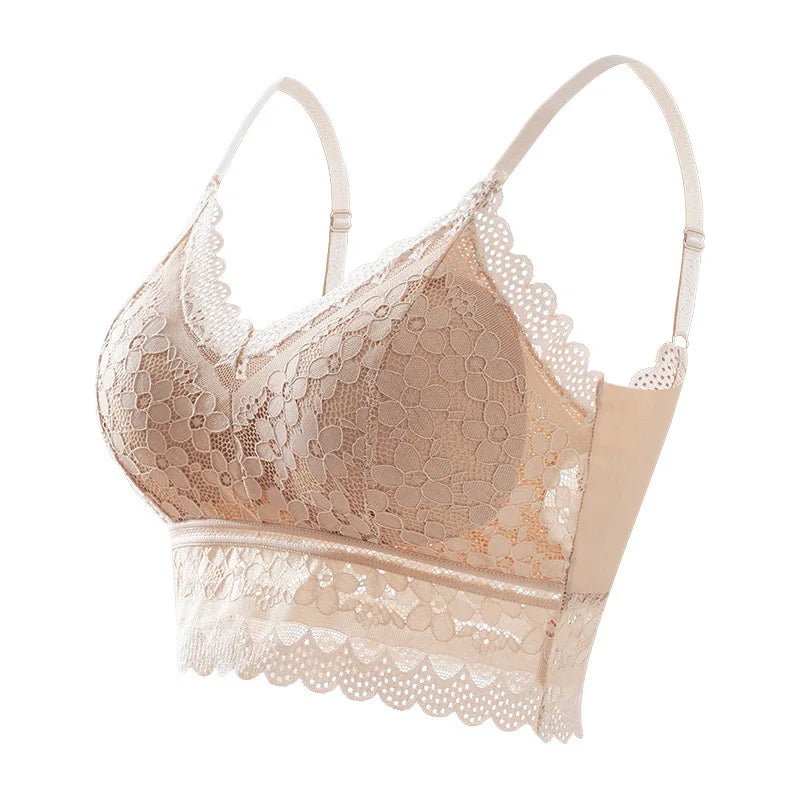 Wireless Embroidery Lace Bra Ice Silk Sling Women Underwear Sexy And Beautiful Back Tops Removable Chest Pad Brassiere