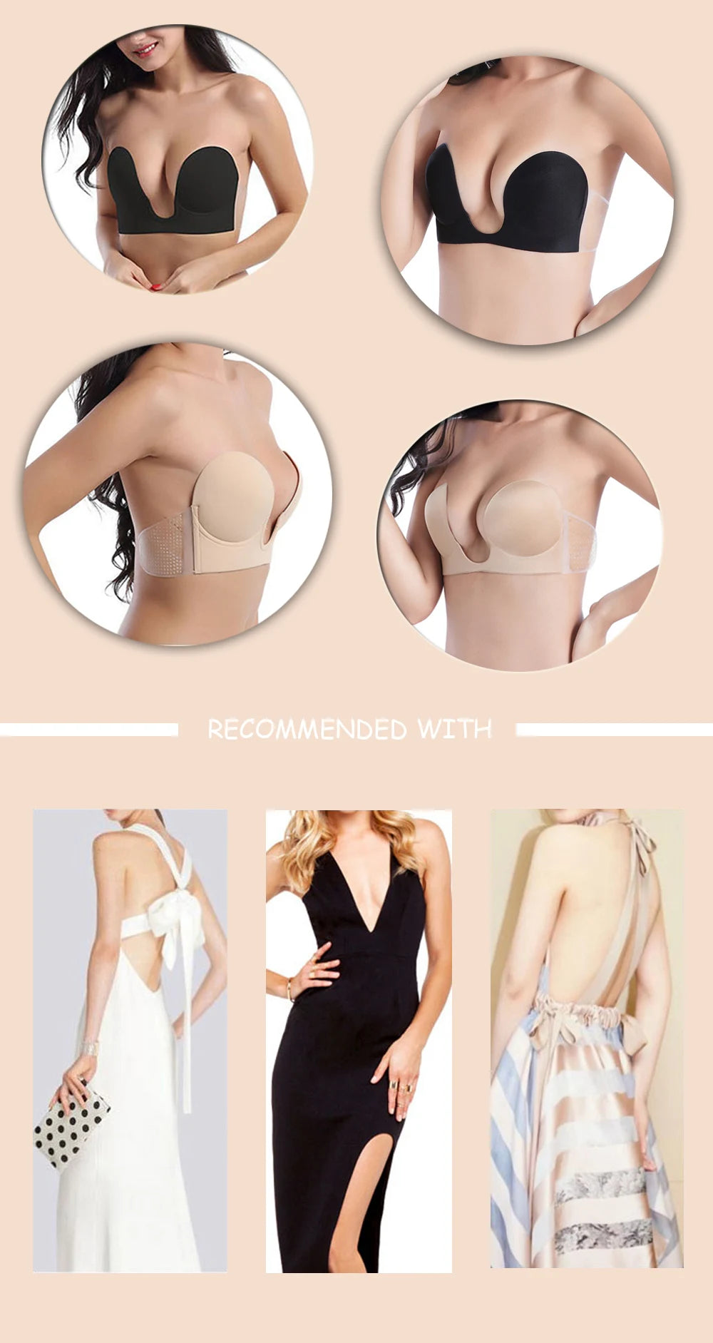 Strapless Push Up Bras Deep Plunge U Shape Non Slip Seamless Bra Backless Adhesive Invisible Lift Underwear