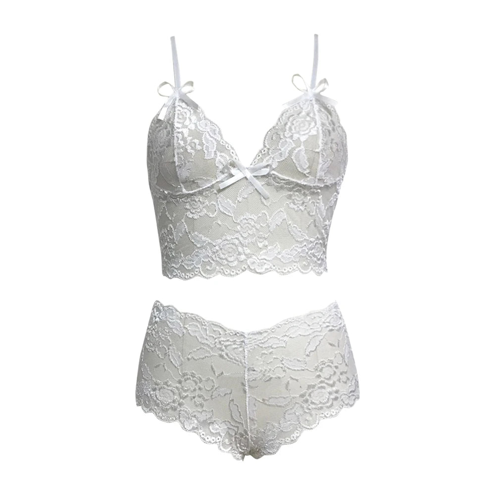 Sexy Sheer Lingerie Underwear Set Women Transparent Lace Bra Set 2023 Vest Camisole Crop Top Panties Outfits Shorts Sleepwear