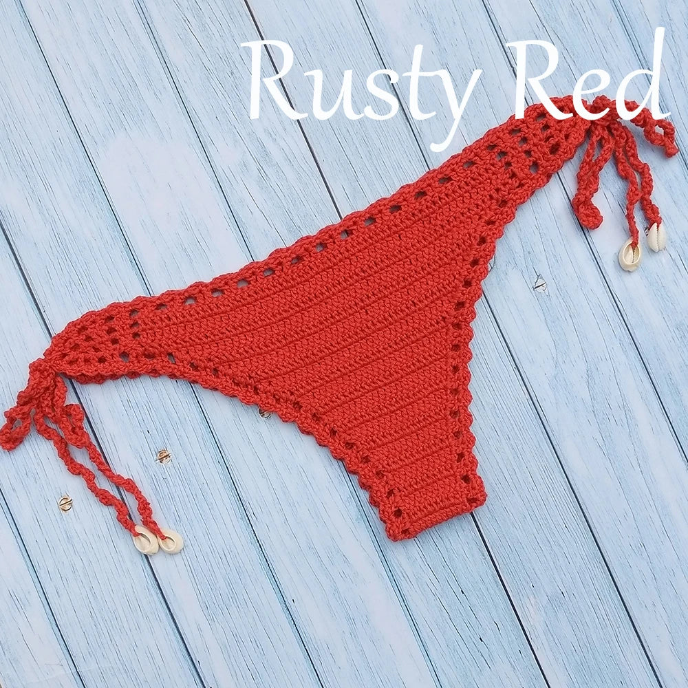 Women's Sport Sexy Bikini Thong Handmade Crochet Swimwear Bikini Bottom Hollow-out Low Waist Bathing Suit Bottoms