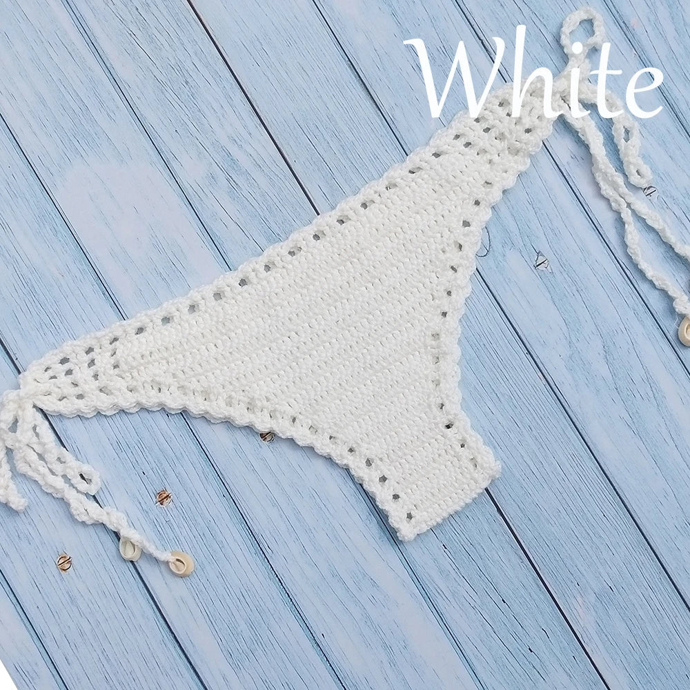Women's Sport Sexy Bikini Thong Handmade Crochet Swimwear Bikini Bottom Hollow-out Low Waist Bathing Suit Bottoms