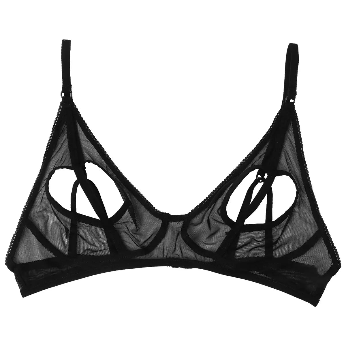 Womens Sheer Mesh Floral Lace Nipple Split Wire-Free Unlined Bikini Bra Triangle Bralette Exotic Open Cups Bras Plus Size