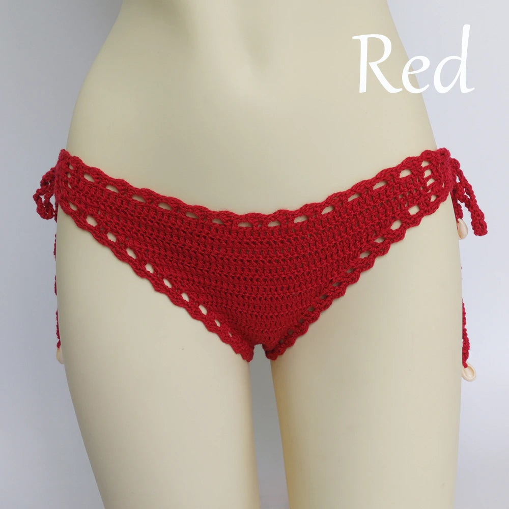 Women's Sport Sexy Bikini Thong Handmade Crochet Swimwear Bikini Bottom Hollow-out Low Waist Bathing Suit Bottoms