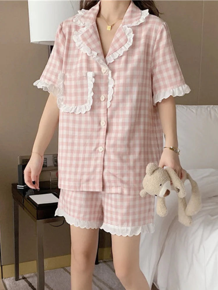 Pajama Sets Women Kawaii Plaids Students Popular Maiden Sweet Edible Tree Fungus Turn-down Collar Princess Homewear Sleep Shorts