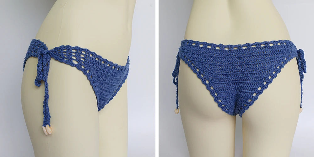 Women's Sport Sexy Bikini Thong Handmade Crochet Swimwear Bikini Bottom Hollow-out Low Waist Bathing Suit Bottoms