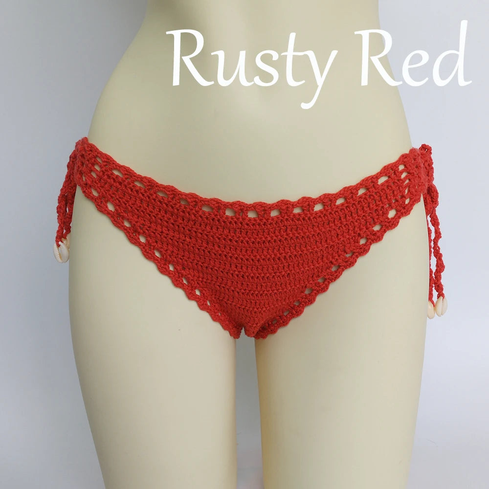 Women's Sport Sexy Bikini Thong Handmade Crochet Swimwear Bikini Bottom Hollow-out Low Waist Bathing Suit Bottoms