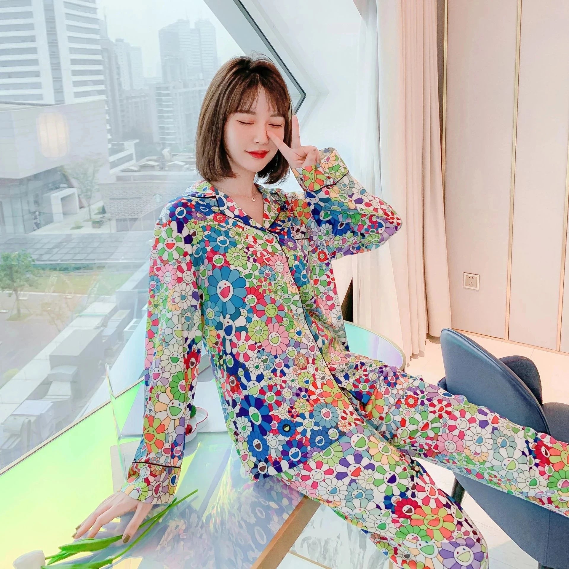 Satin Pajamas Set Spring Summer Home Suit with Pant Women's Print Pijama Suit Silk Pijama Set Sleepwear for Female Pyjamas