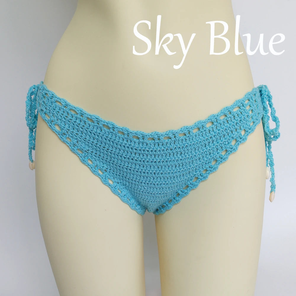 Women's Sport Sexy Bikini Thong Handmade Crochet Swimwear Bikini Bottom Hollow-out Low Waist Bathing Suit Bottoms