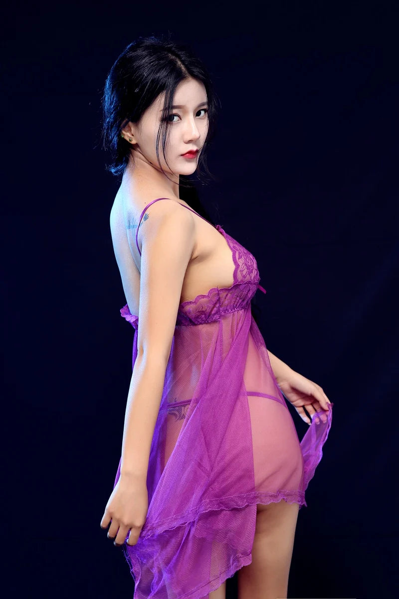 Sexy Sleepwear Lace Lingerie Set Chiffon Nightdress Nightgown Transparent Pajamas Pijamas Women Night Dress Nightwear With Thong