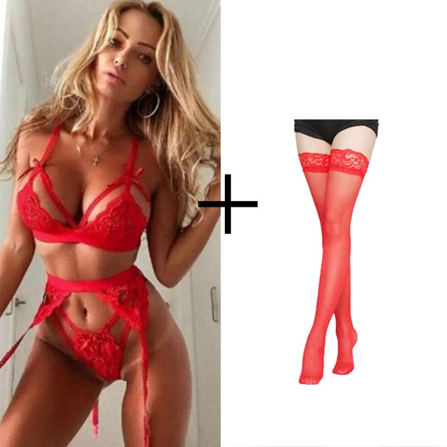 Fashion Hot Red Lingerie Babydoll Erotic Women Sexy Lace Underwear Vest Top G-string Bra Panty Set Breathable Porn Clothes