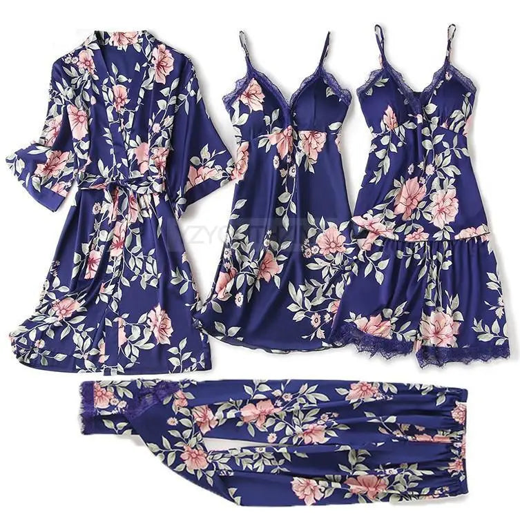 Pajama Set Women Lace Trim Satin Sleepwear Pyjamas Pour Femme Summer Nightwear With Pants Casual Home Wear Kimono Robe Gown PJS