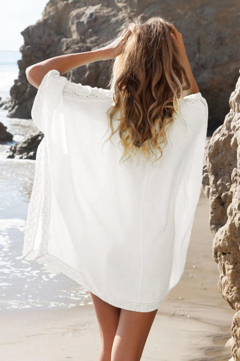 Sexy Beach Cover Up Women Bikini Pocket Swimsuit Cover Up Hollow Out T-shirt White Bathing Suit Cover-Ups Tunics Beachwear Robe