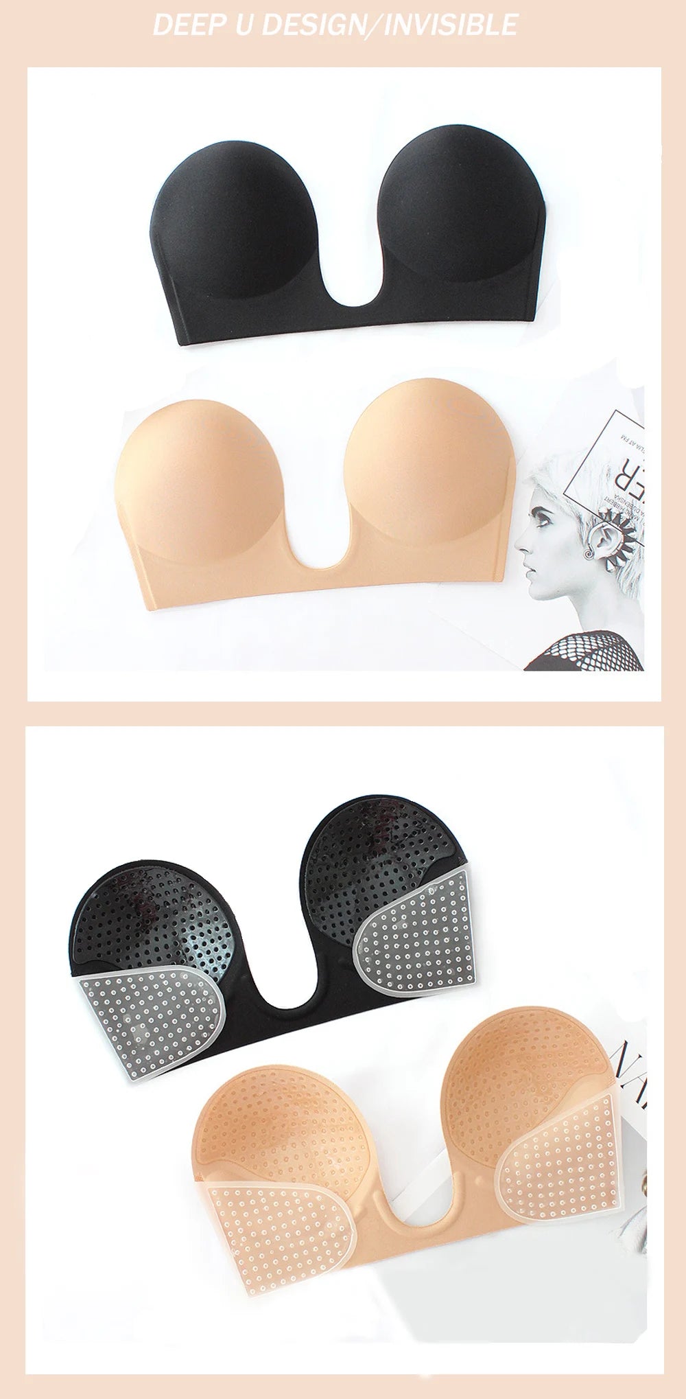 Strapless Push Up Bras Deep Plunge U Shape Non Slip Seamless Bra Backless Adhesive Invisible Lift Underwear