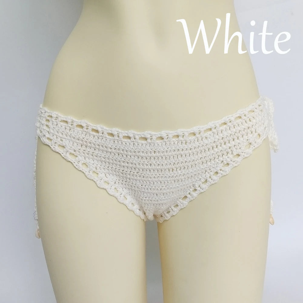 Women's Sport Sexy Bikini Thong Handmade Crochet Swimwear Bikini Bottom Hollow-out Low Waist Bathing Suit Bottoms