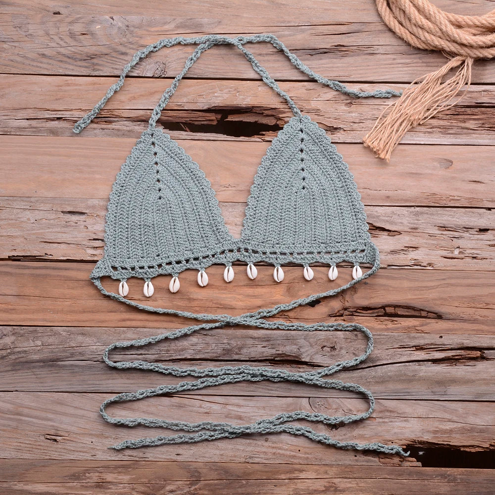 Knitted Bra Top Bikini Set Womens Swimsuit Handemade Crochet Bikini Cover Up Tassel Beach Long Wrap Skirt Sarong Immadman 7004
