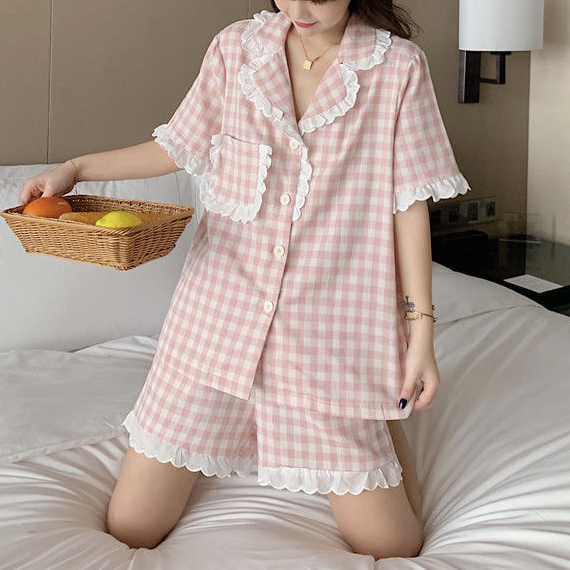 Pajama Sets Women Kawaii Plaids Students Popular Maiden Sweet Edible Tree Fungus Turn-down Collar Princess Homewear Sleep Shorts