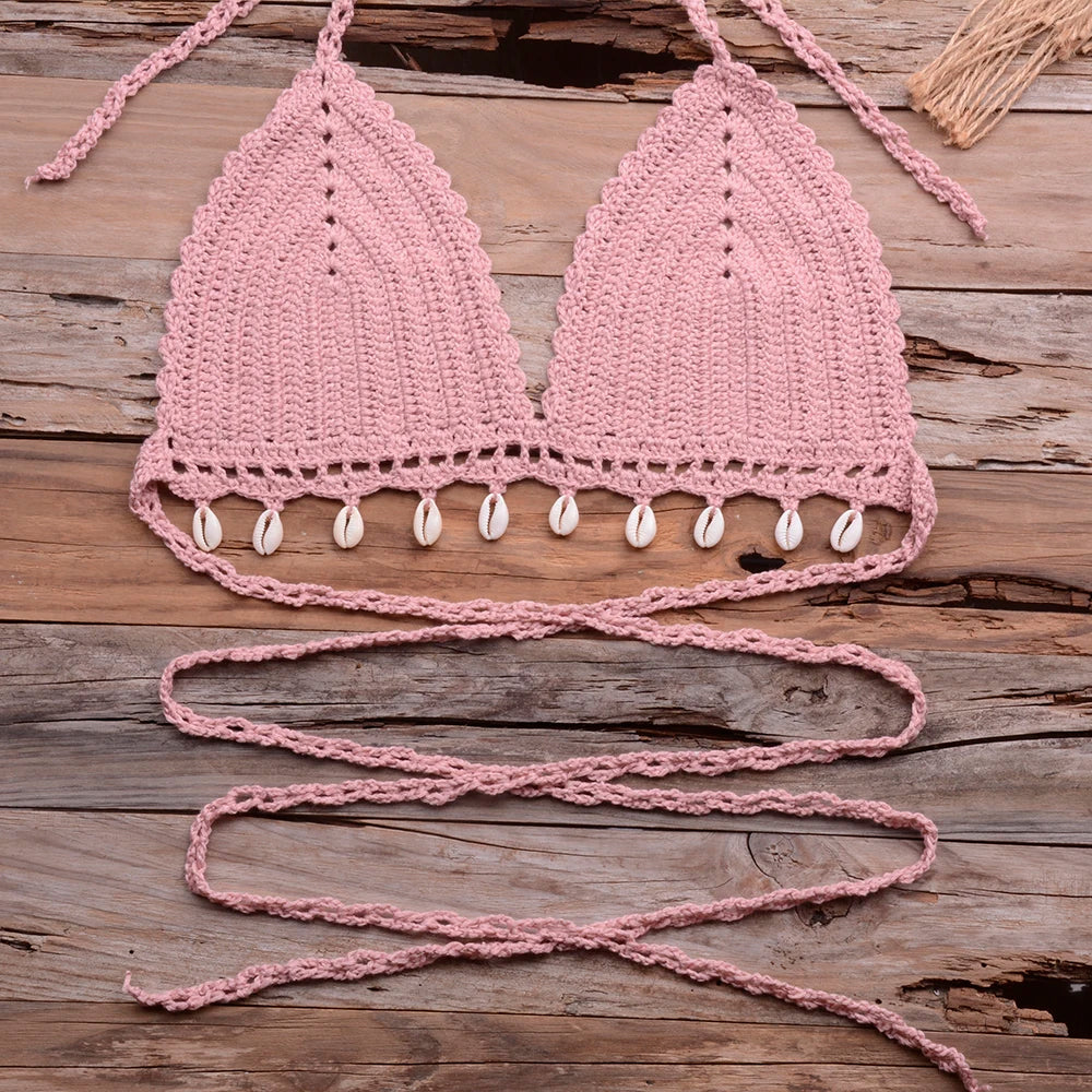 Knitted Bra Top Bikini Set Womens Swimsuit Handemade Crochet Bikini Cover Up Tassel Beach Long Wrap Skirt Sarong Immadman 7004